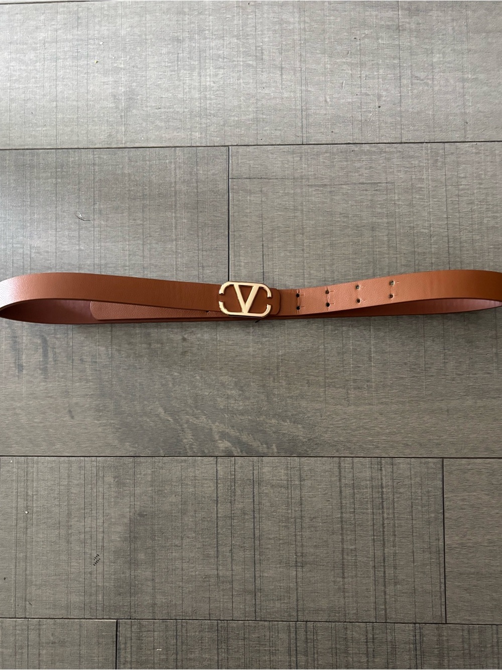 4 for $25- Tan Faux Leather Belt with Gold V Logo Buckle